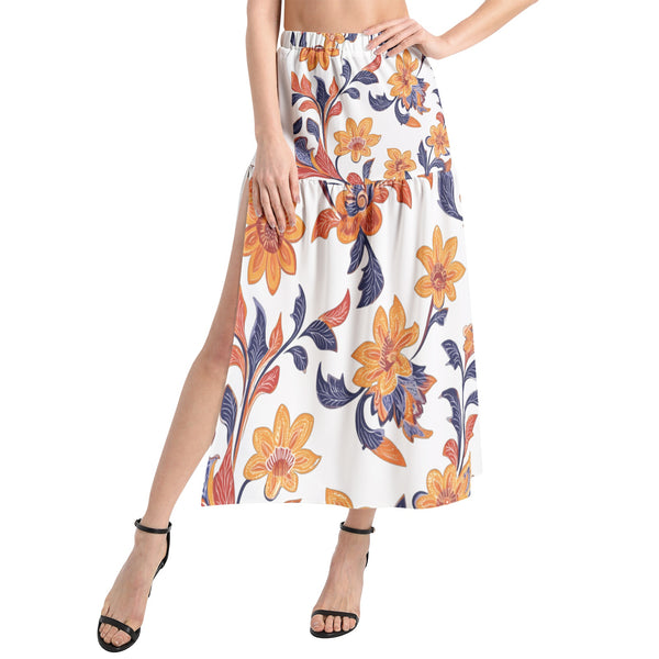 Elegant Floral Pattern- Elastic Waist Ruffle Slit Hem Skirt