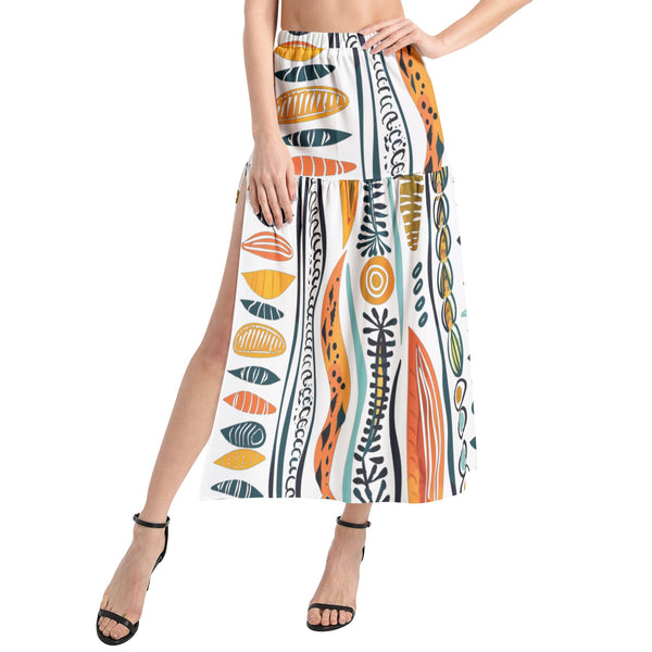 Colorful Abstract Plant-like Pattern- Elastic Waist Ruffle Slit Hem Skirt