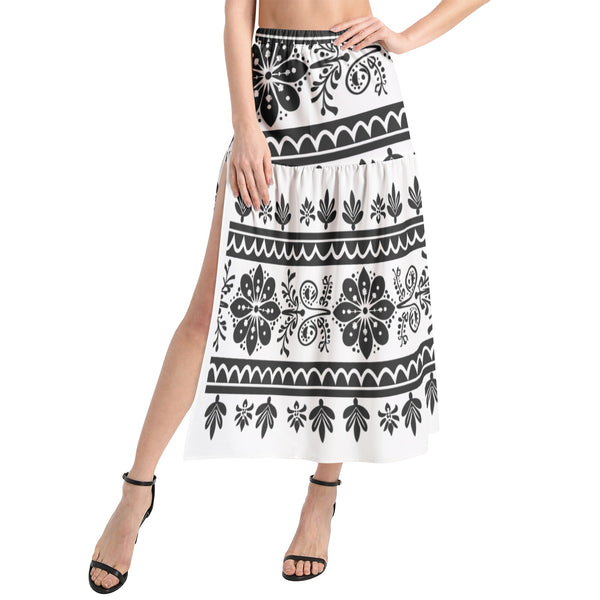 Ornamental Floral Pattern Design-Elastic Waist Ruffle Slit Hem Skirt