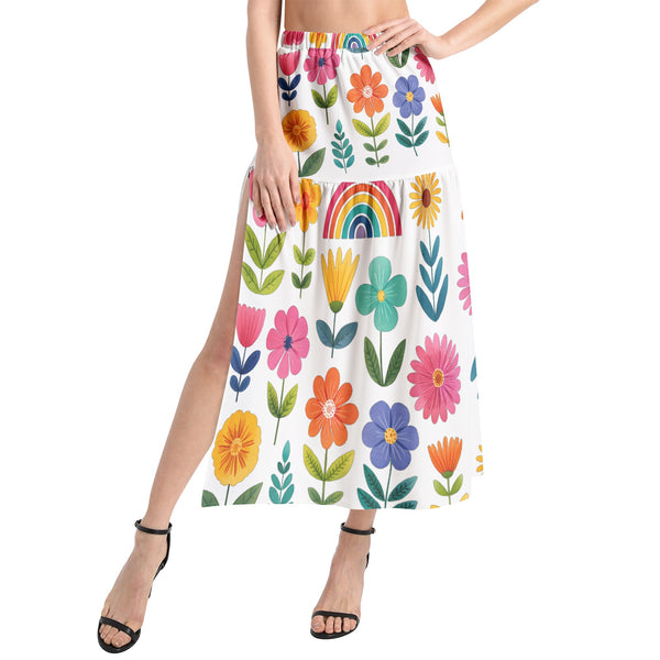 Cheerful Cartoon Flowers and Rainbow-Elastic Waist Ruffle Slit Hem Skirt