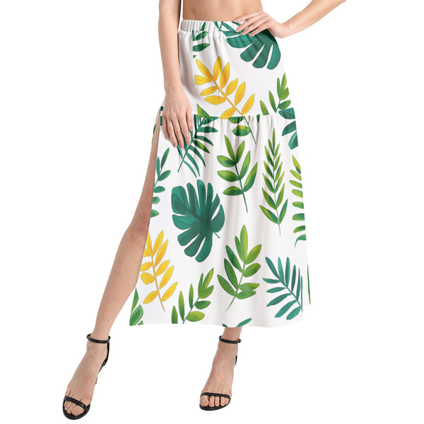 Tropical Leaves-Elastic Waist Ruffle Slit Hem Skirt