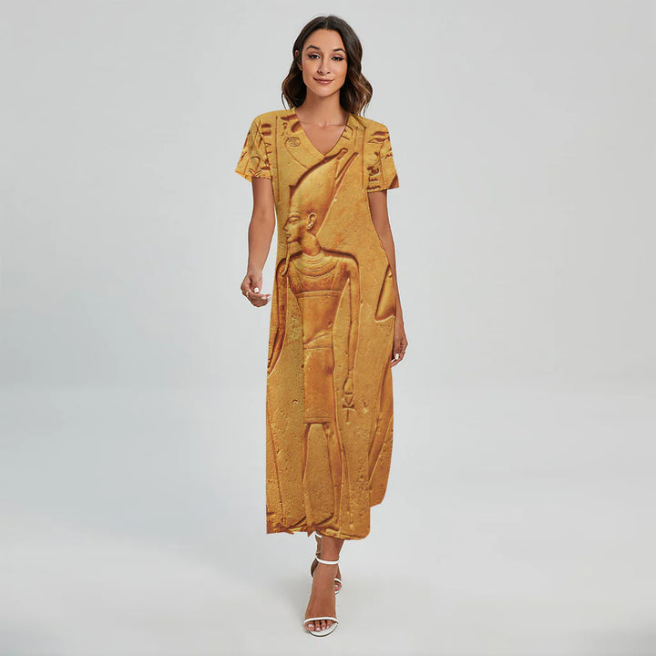 Ancient Egyptian Gods Print Short Sleeve Maxi Dress