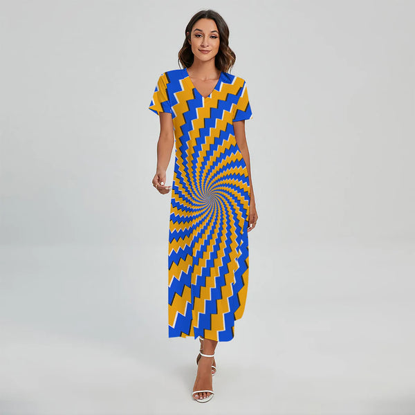 Yellow Spiral Moving Optical Illusion Short Sleeve Maxi Dress