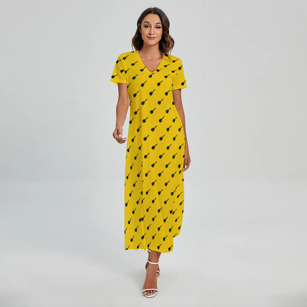 Yellow And Black Dart Pattern Print Short Sleeve Maxi Dress