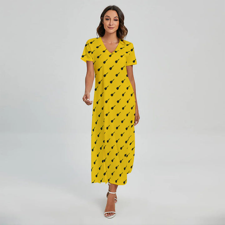 Yellow And Black Dart Pattern Print Short Sleeve Maxi Dress
