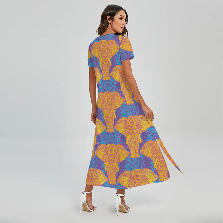Yellow Mandala Elephant Pattern Print Short Sleeve Maxi Dress