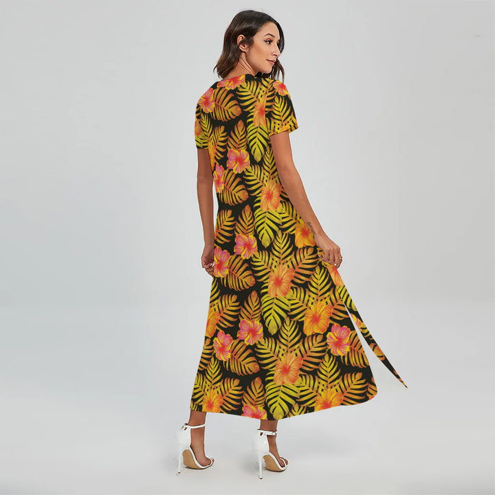 Yellow Hawaiian Tropical Pattern Print Short Sleeve Maxi Dress