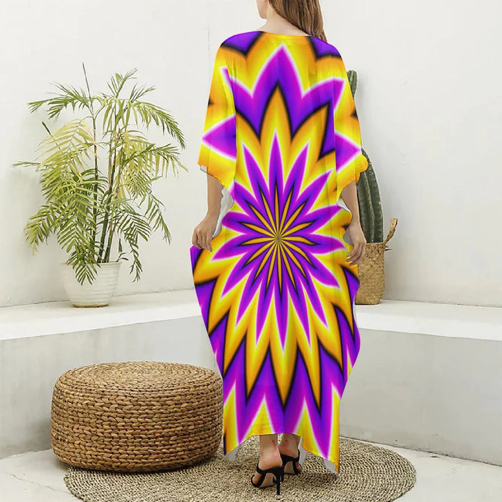 Yellow Flower Moving Optical Illusion Silk V-Neck Kaftan Dress