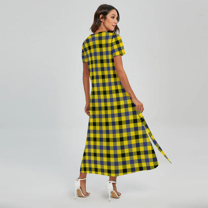 Yellow Black And Navy Plaid Print Short Sleeve Maxi Dress