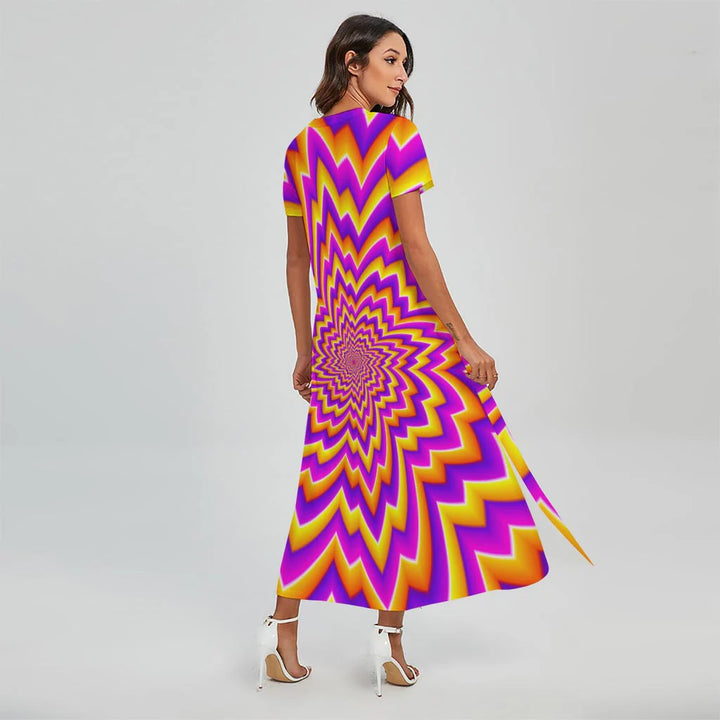 Yellow Expansion Moving Optical Illusion Short Sleeve Maxi Dress