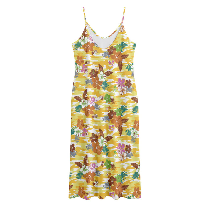 Yellow Camo And Hibiscus Flower Print Jersey Midi Cami Dress