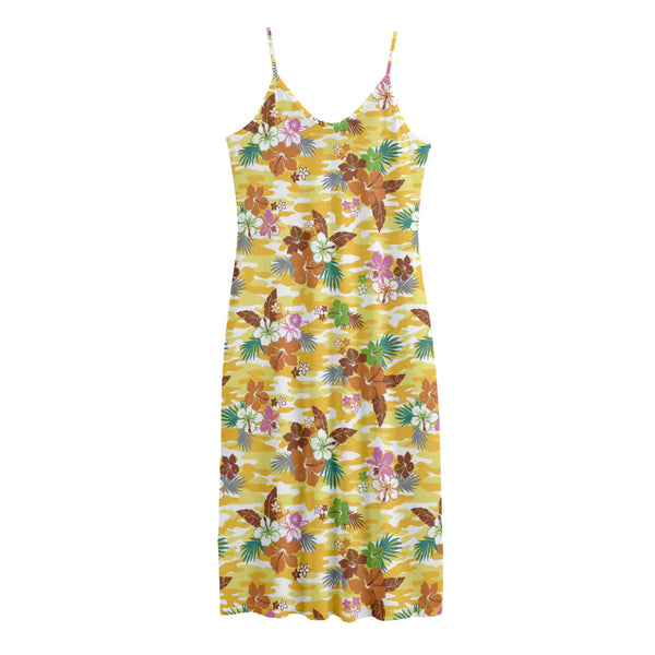 Yellow Camo And Hibiscus Flower Print Jersey Midi Cami Dress