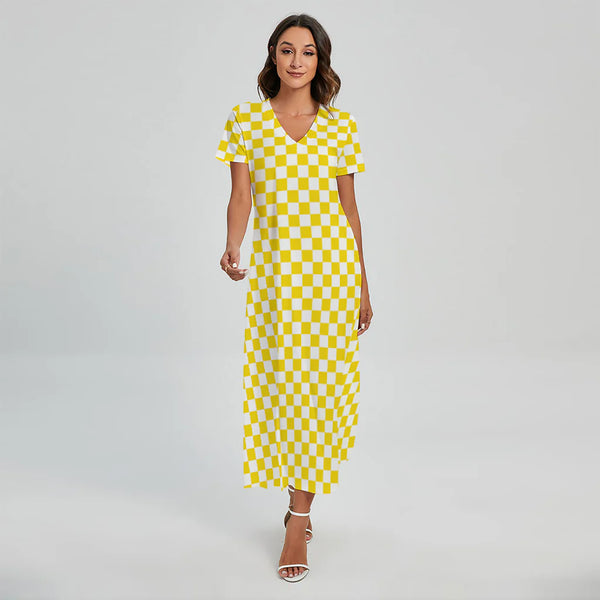 Yellow And White Checkered Pattern Print Short Sleeve Maxi Dress