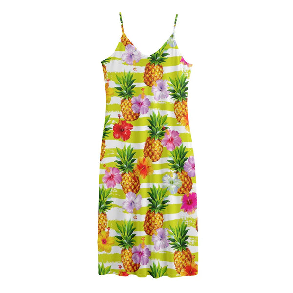 Yellow Striped Pineapple Pattern Print Jersey Midi Cami Dress