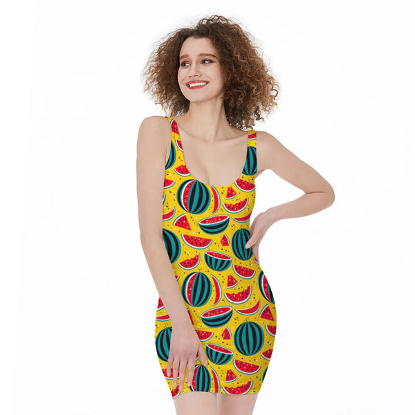 Yellow Watermelon Pieces Pattern Print Sleeveless Bodycon Dress