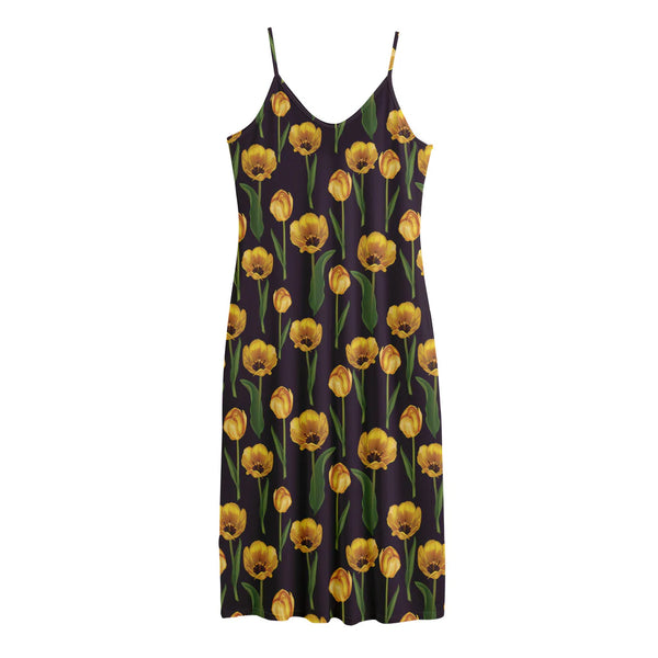Yellow Tulip Flower Pattern Print Jersey Midi Cami Dress