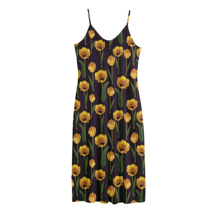 Yellow Tulip Flower Pattern Print Jersey Midi Cami Dress