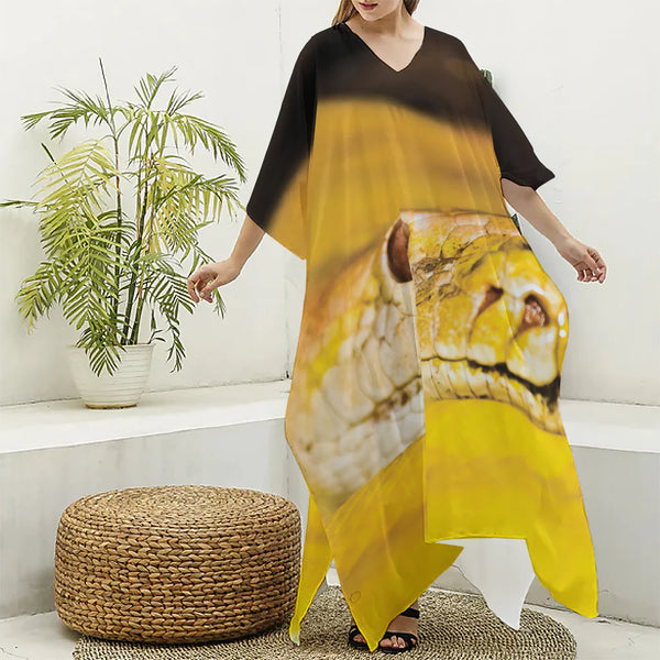 Yellow Python Snake Print Silk V-Neck Kaftan Dress