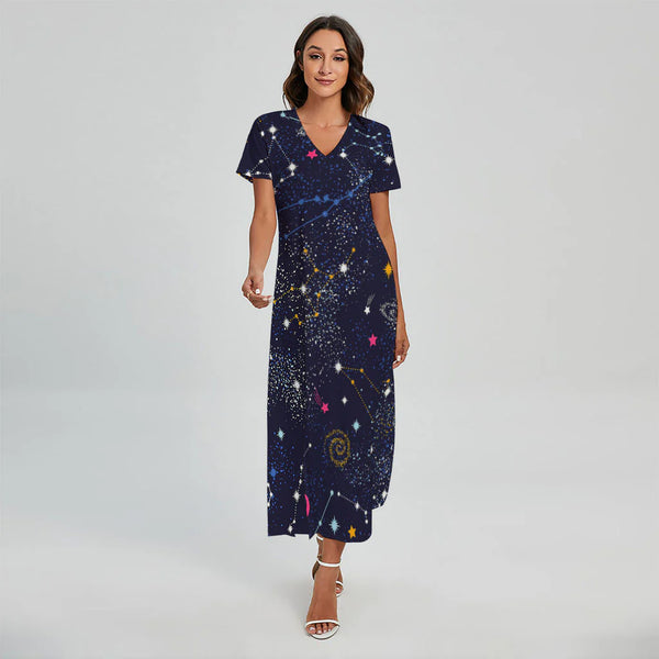 Zodiac Star Signs Galaxy Space Print Short Sleeve Maxi Dress