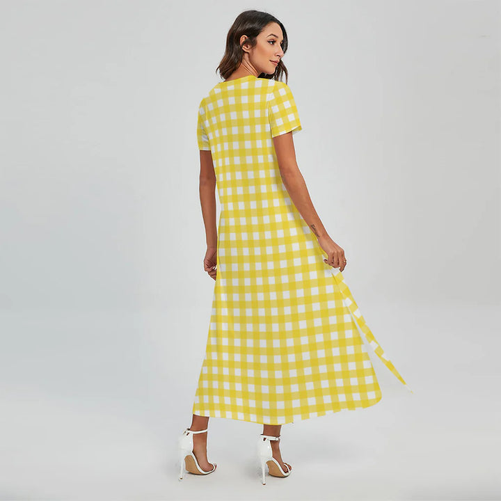Yellow And White Check Pattern Print Short Sleeve Maxi Dress