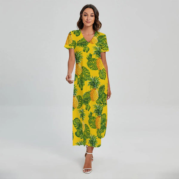Yellow Tropical Pineapple Pattern Print Short Sleeve Maxi Dress