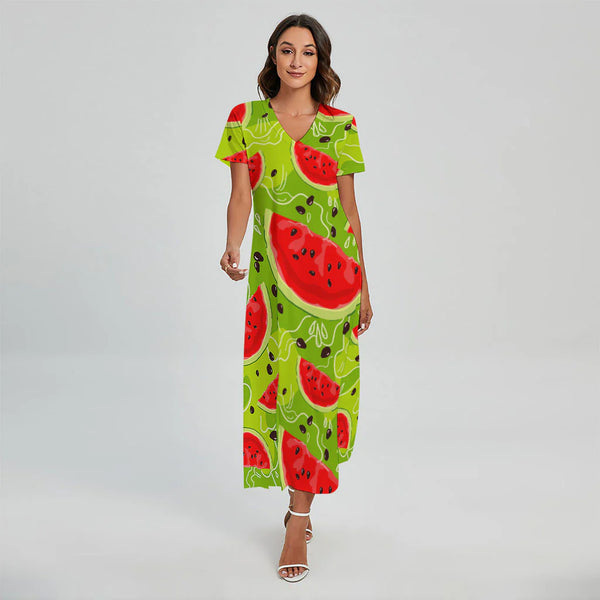Yummy Watermelon Pieces Pattern Print Short Sleeve Maxi Dress