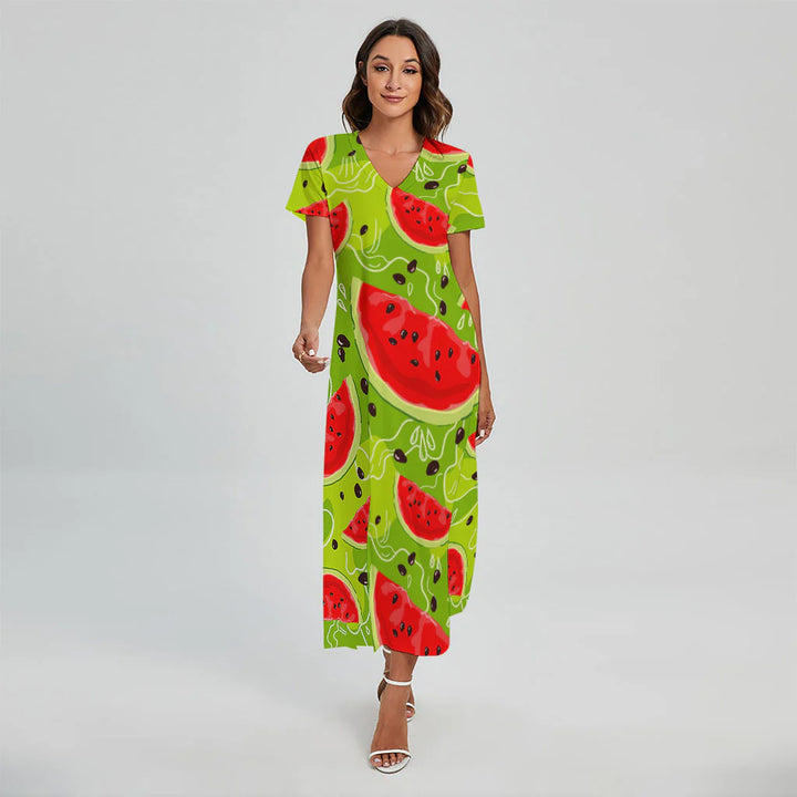 Yummy Watermelon Pieces Pattern Print Short Sleeve Maxi Dress