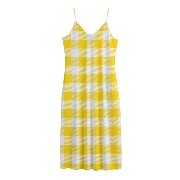 Yellow And White Buffalo Check Print Jersey Midi Cami Dress