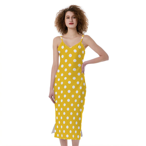 Yellow And White Polka Dot Pattern Print Slim Fit Midi Cami Dress