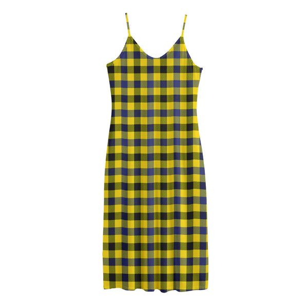 Yellow Black And Navy Plaid Print Jersey Midi Cami Dress