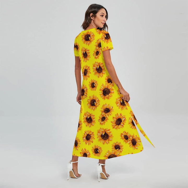 Yellow Sunflower Pattern Print Short Sleeve Maxi Dress