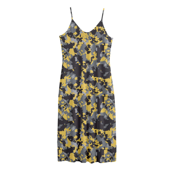 Yellow Black And Grey Digital Camo Print Jersey Midi Cami Dress