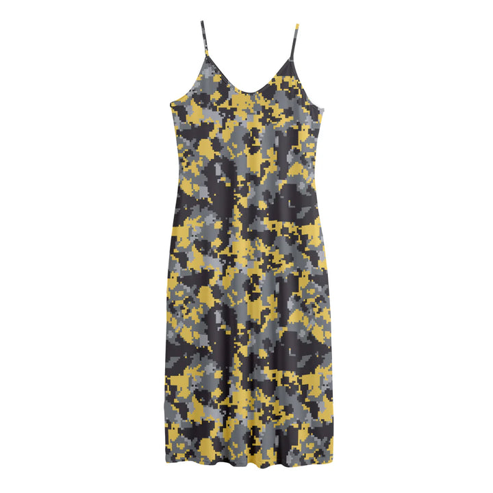 Yellow Black And Grey Digital Camo Print Jersey Midi Cami Dress