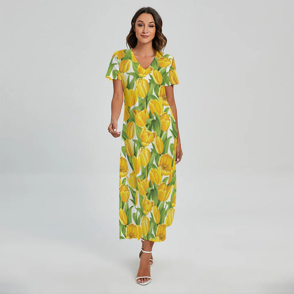 Yellow Spring Tulip Pattern Print Short Sleeve Maxi Dress