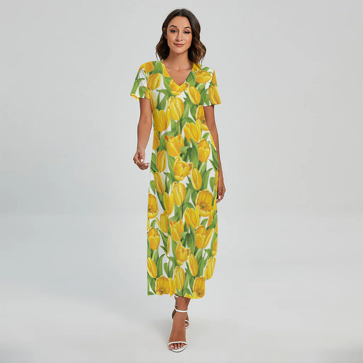 Yellow Spring Tulip Pattern Print Short Sleeve Maxi Dress