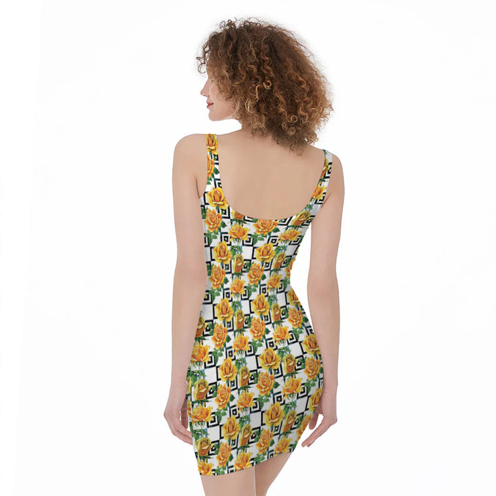 Yellow Watercolor Rose Print Sleeveless Bodycon Dress