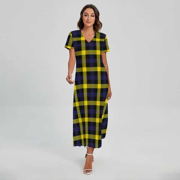 Yellow Navy And Black Plaid Print Short Sleeve Maxi Dress