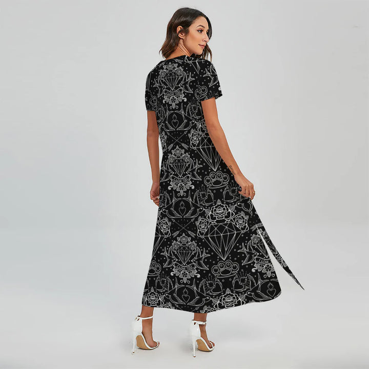 Black And White Tattoo Print Short Sleeve Maxi Dress