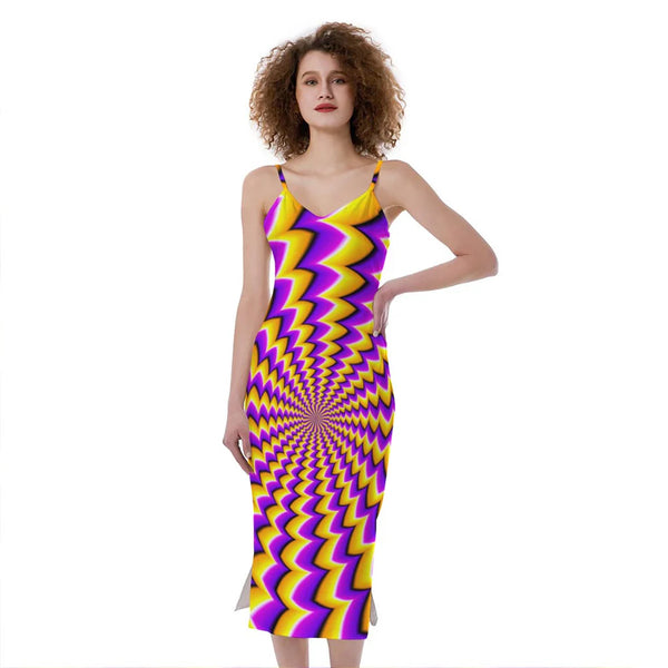 Yellow Dizzy Moving Optical Illusion Slim Fit Midi Cami Dress