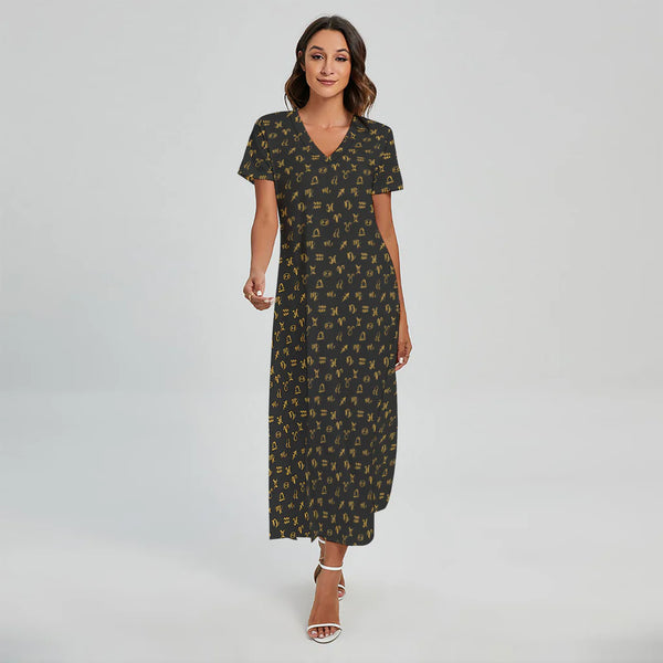 Zodiac Astrological Signs Pattern Print Short Sleeve Maxi Dress
