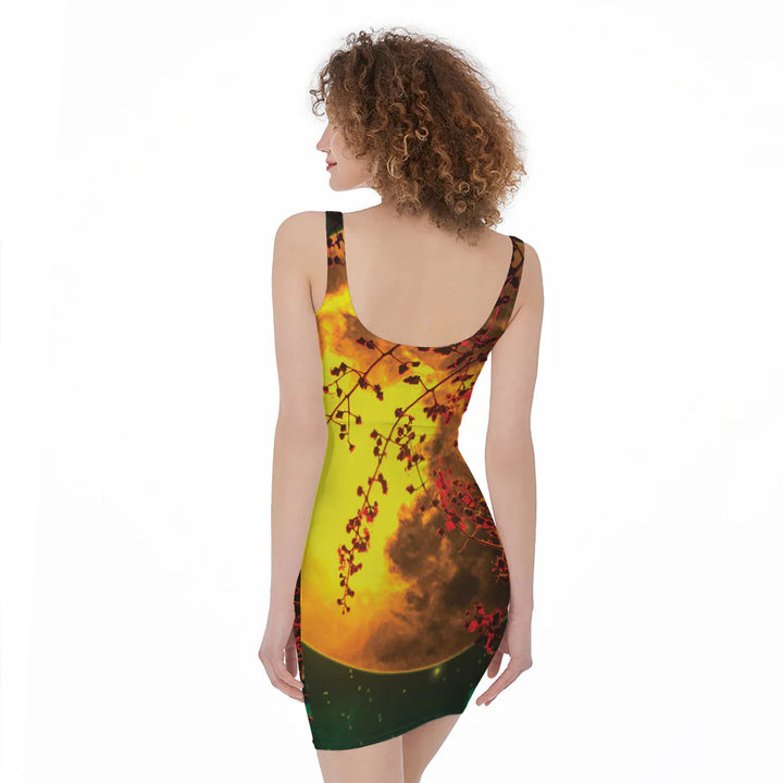 Yellow Full Moon Print Sleeveless Bodycon Dress