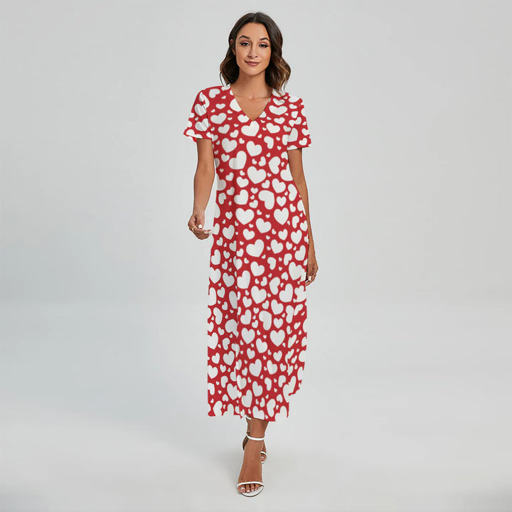 White And Red Heart Pattern Print Short Sleeve Maxi Dress