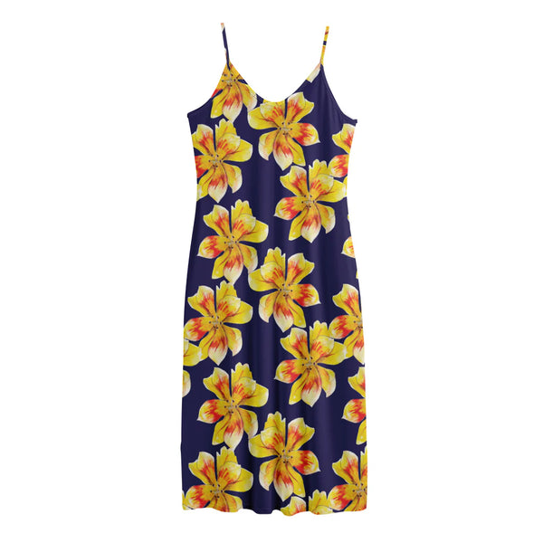 Yellow Watercolor Lily Pattern Print Jersey Midi Cami Dress