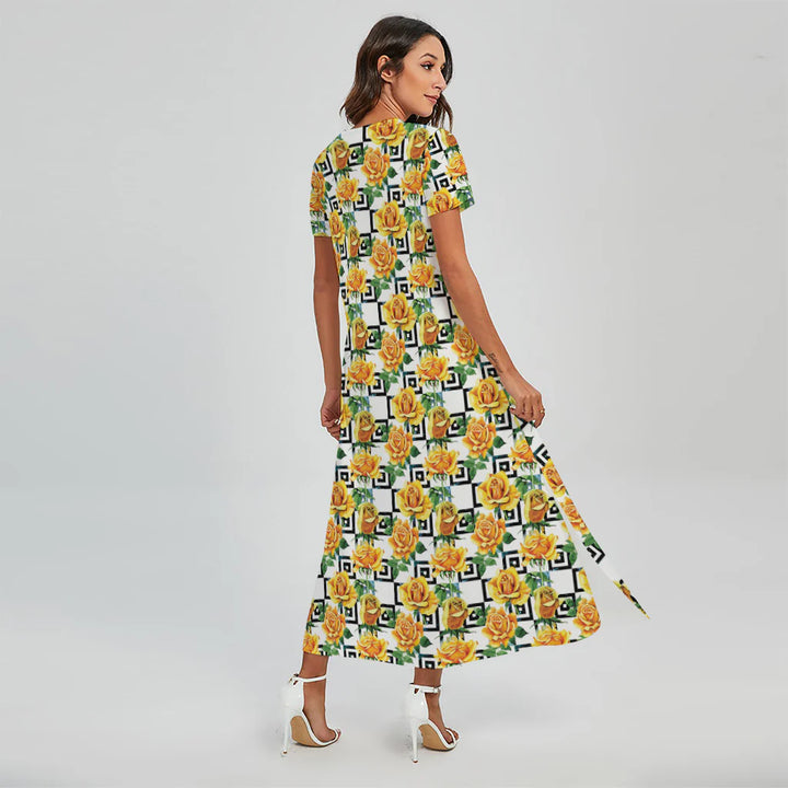 Yellow Watercolor Rose Print Short Sleeve Maxi Dress