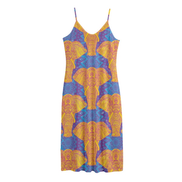 Yellow Mandala Elephant Pattern Print Jersey Midi Cami Dress