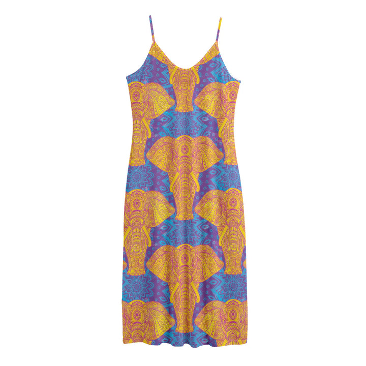 Yellow Mandala Elephant Pattern Print Jersey Midi Cami Dress
