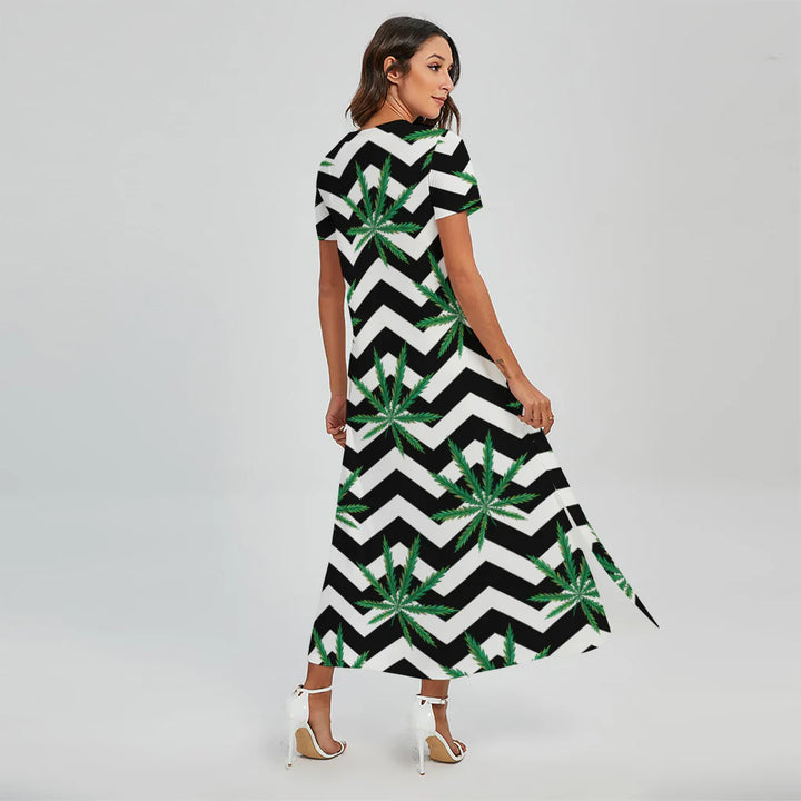 Zigzag Weed Pattern Print Short Sleeve Maxi Dress