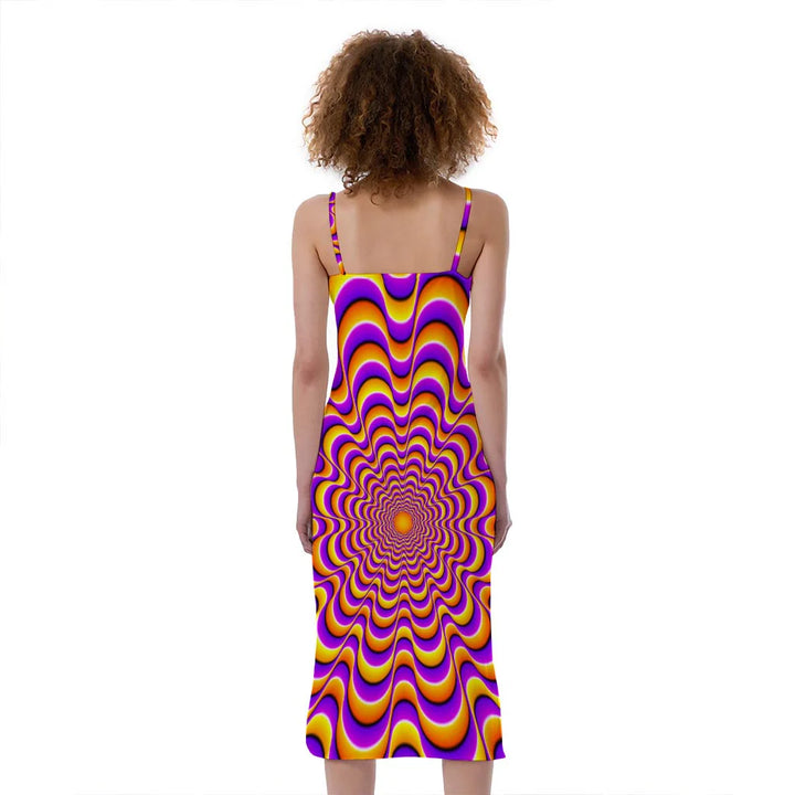 Yellow Splashing Moving Optical Illusion Slim Fit Midi Cami Dress