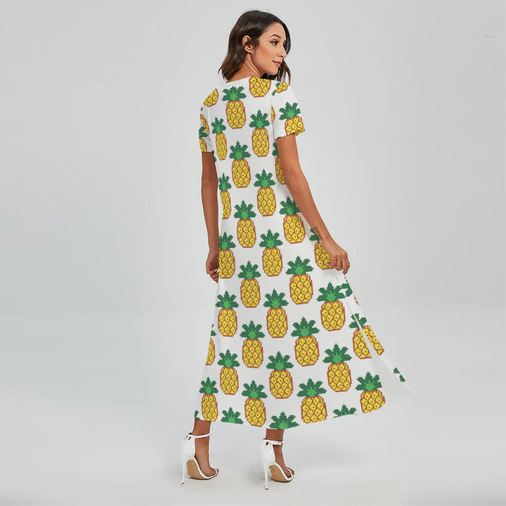 Pixel Pineapple Pattern Print Short Sleeve Maxi Dress