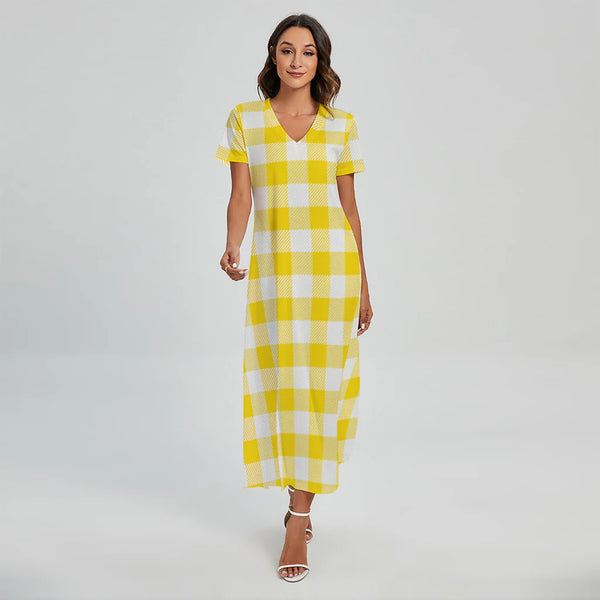 Yellow And White Buffalo Check Print Short Sleeve Maxi Dress